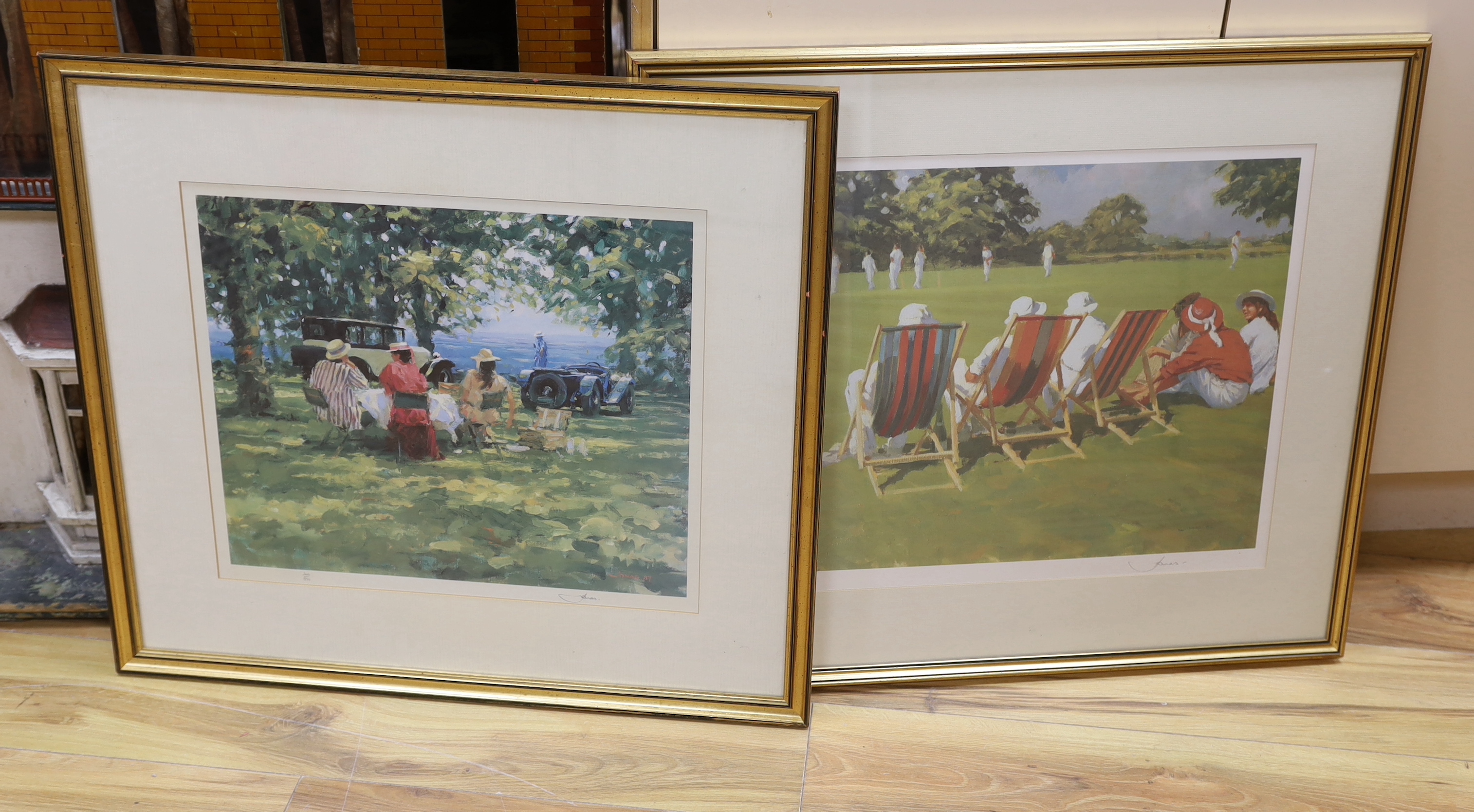 Jonas, two limited edition prints, 'Vintage motoring picnic' and 'Watching the cricket', both signed from editions of 850, largest 40 x 50cm